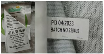 Biloban is printed on the mattress hangtag, and batch number 2304US and the manufacture date in the format "PD DD.MM/YYY" are printed on a tag stapled to the mattress cover