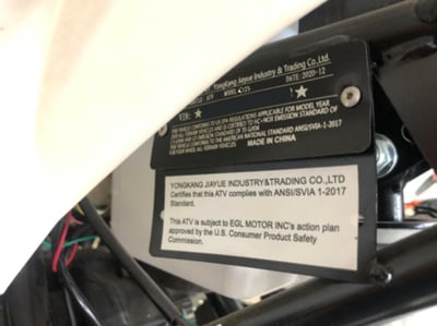 Model number plate for recalled ACE C125 Youth ATV