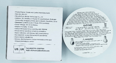 Recalled CHZHVAN Combination Smoke and Carbon Monoxide Detector (Back with Packaging)