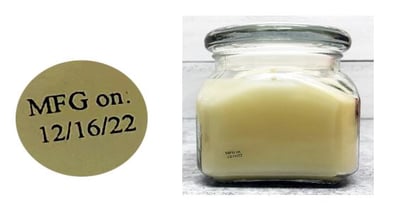 Candles with a Lot Code/MFG sticker on the back of the candle (in photo) are not included in this recall