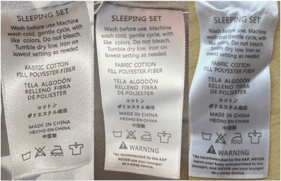 Mamibaby and Cosy Nation Baby Lounger "Sleeping Set" labels