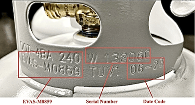 Location of model number of recalled EVAS 20 lb. propane exchange cylinder