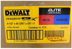 Label on the box for recalled DEWALT Elite Series 40G T27 High Density Flap Disc