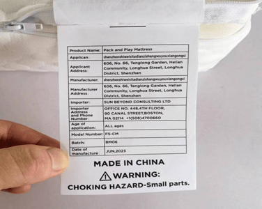Recalled Forias Waterproof Pack and Play Mattress Warning Labelr