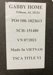 Gabby Home, SCH-151480 and Made in Vietnam are printed on a label located on the back for the mirror