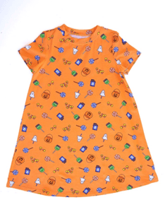 Recalled Lounge Dress (short sleeve) in Orange Fabric with Candy Corn, Jack-O-Lantern Buckets, and Assorted Lollipops