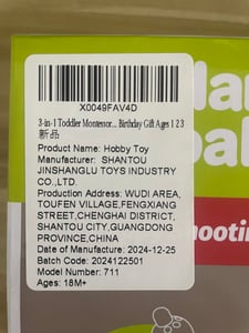 Recalled Hobby Toy Hammer Ball set (label)