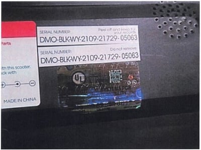 Serial number with the letters “WY” as the seventh and eighth letter appears on a label on the underside of the recalled e-scooter