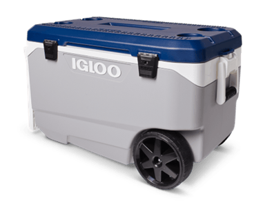 Model 34790: Recalled Igloo 90 Qt. Flip & Tow Rolling Cooler in Ash Gray Body, Aegean Sea Lid, White Tow Handle