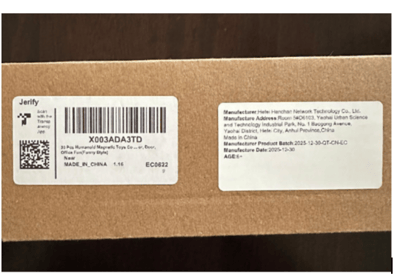 Jerify Magnetic Humanoid Toy Package with “Jerify” and number “X003ADA3TD”