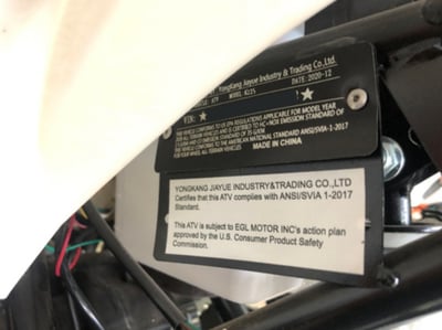 Model number plate for recalled ACE K125 Youth ATV