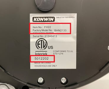 Recalled Konwin Desktop Heater label