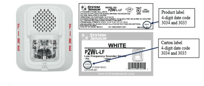 Recalled System Sensor L-Series Low Frequency Fire Alarm Sounder Strobe Model P2WL-LF (White) showing product label and carton label