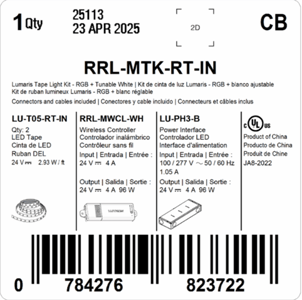 RadioRA 3 LED tape light starter kit package label lists the recalled power interface
