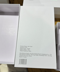 Packaging of Recalled Tideway Hairdryer, Model Number M01