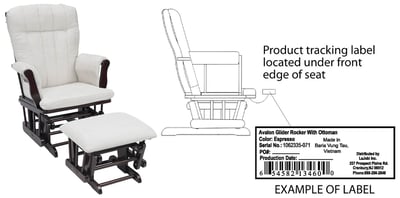 Avalon Glider Rocker with ottoman and label
