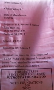 Easy-Rest federal mattress tag