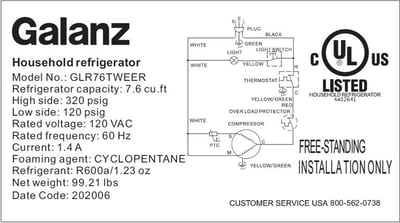 Model numbers BCD-215V-62H, GLR76TRDER, GLR76TBKER, GLR76TBEER or GLR76TWEER followed by the date code, in YYYYMM format, are printed on label on the back of the Galanz refrigerators. Only refrigerators with date codes ranging from December 2018 through December 2020 are included in this recal