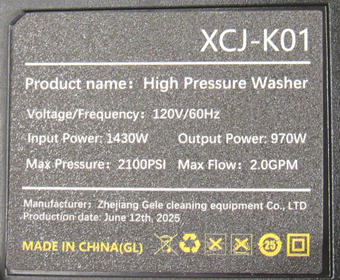 Model number XCJ-K01 is printed on a label on the back of the recalled Sweetcrispy pressure washers