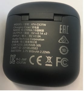 Recalled Audio-Technica Wireless Headphones (Model ATH-CK3TW) charging case - rear view