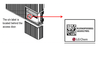 The serial number label is located behind the access door of the recalled RESU 10H home battery.