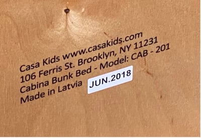 Label of Recalled Casa Kids Cabina Bunk Bed - June 2018