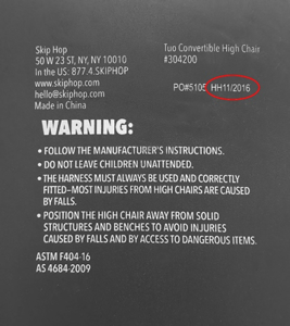 The date codes HH10/2016, HH11/2016, HH3/2017, HH4/2017 can be found on the back of the chair.