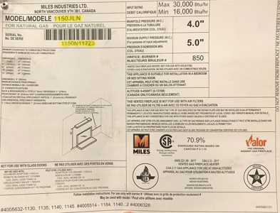 Rating sheet with the model number and serial number