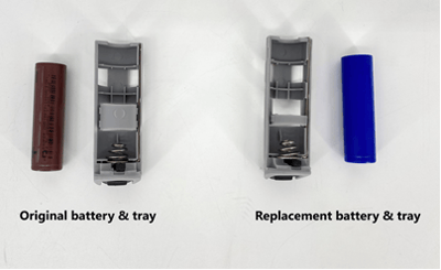 Recalled sprayer battery and tray and replacement battery and tray