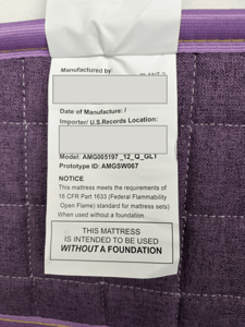 Recalled BedsPick Mattress Label with identifying information