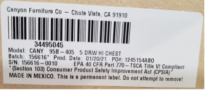 Label on back of the chest