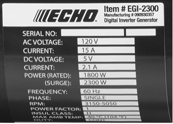Echo 2300-Watt Generator Data Label
