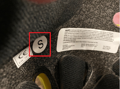 S for small is printed on a label on the inside of the helmet