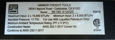 Label on recalled 30,000 BTU Tank Top Propane Heater showing Item #63072