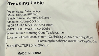 "Model Number: BP25001" and "Batch Number: ZZ-FBA25052305-1" are printed on an attached label on the outside of the baby lounger's cover
