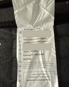 Recalled BedsPick Mattress Label with identifying information