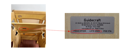 Recalled Guidecraft Kitchen Helper – location of information sticker on the bottom of the platform