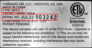 Rating Label on Recalled SRTH Small Room Tower Heaters (Showing JUL22 Date Code as First 5 Digits of Serial Number)