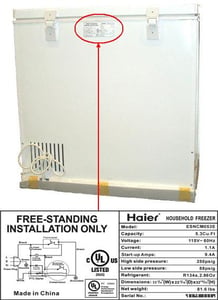 Rating label is located at the top center of the back of the freezer
