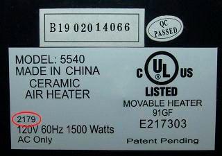 The Date Code is circled in red. If you have a model 5540 or 8540, turn the heater over and check the date code located as shown on the label located at the bottom of the unit.