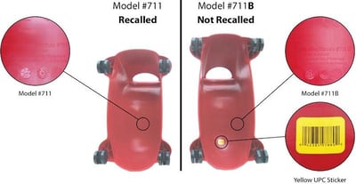 Picture showing the difference between recalled model #711 and model #711B, which was not recalled