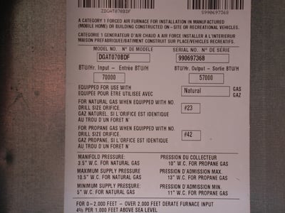 Recalled gas furnace label