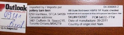 PBteen bunk bed label