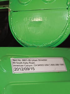 The model number and the manufacture date are printed on a label on the underside of each model of the Urban Shredder.