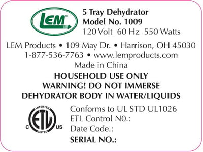 LEM dehydrator label 1 on the rear panel