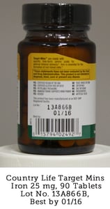 Country Life Target Mins Iron Bottle Bar Code and Lot Number