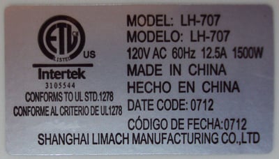 Sticker on Home Depot Soleil portable fan heater