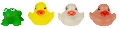 Recalled yellow, clear and pink ducks and green frog