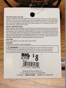 Hang tag on Big Lots small tabletop torch