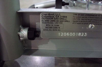 Rating label for full size 240 gas grill (located on bottom support at back of grill)